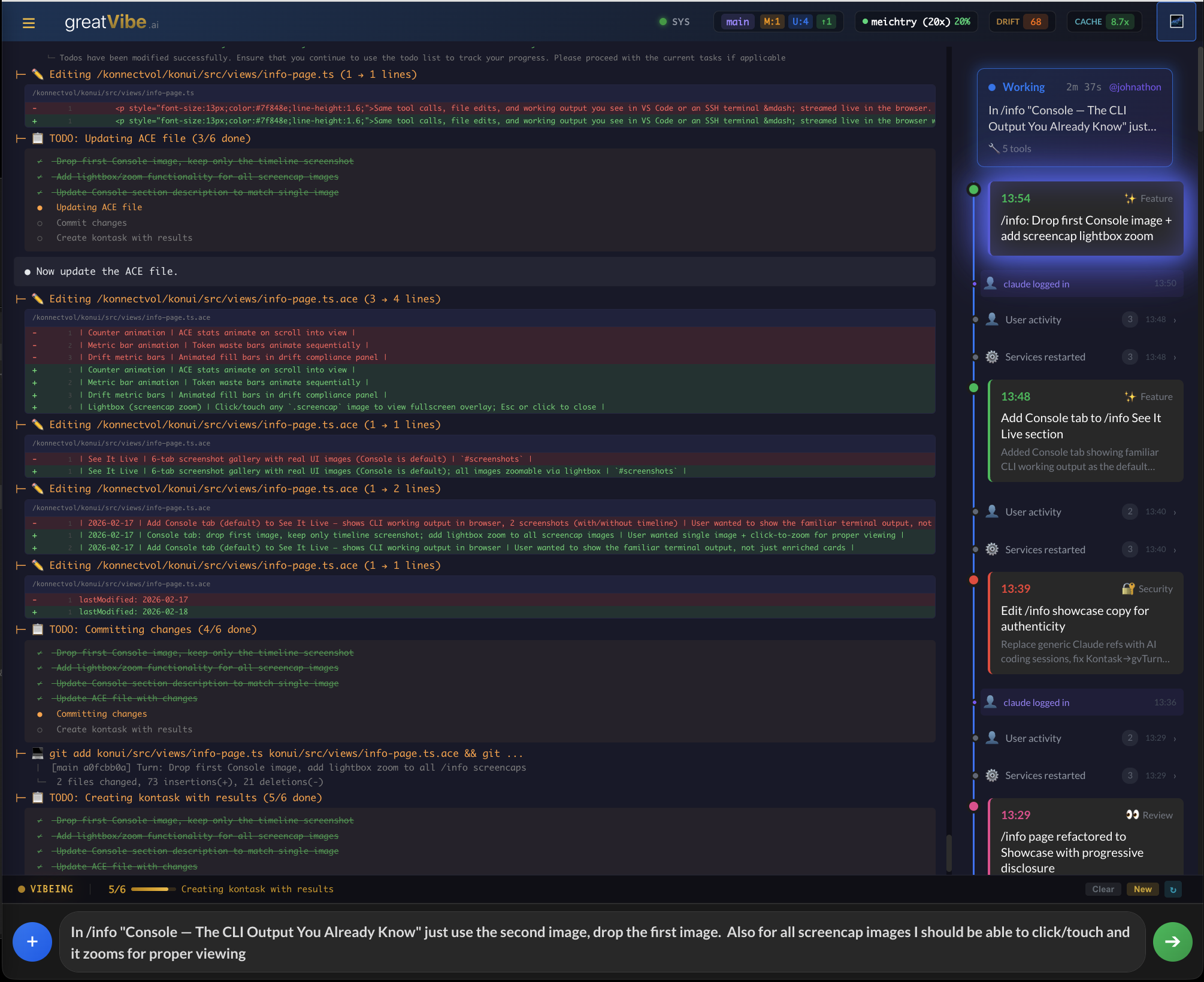 Console showing file edits, ACE updates, and git commits in real-time